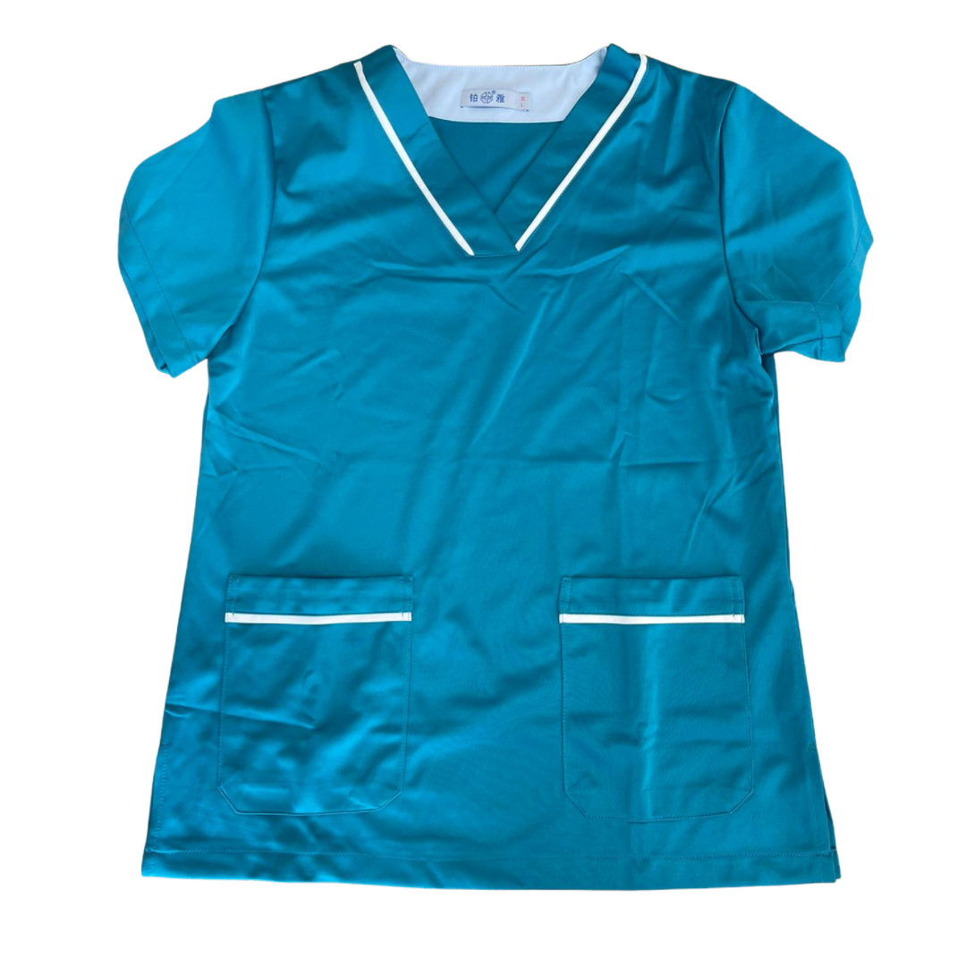 Women's medical set, short-sleeved blouse and turquoise and white pants - Size L