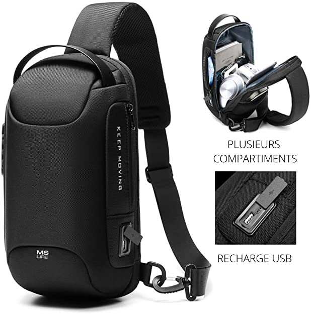 MS Life - Waterproof Anti-Theft Shoulder Bag for Sports Travel Men Women Anti-Theft Chest Bag with USB Charging Port Password Lock