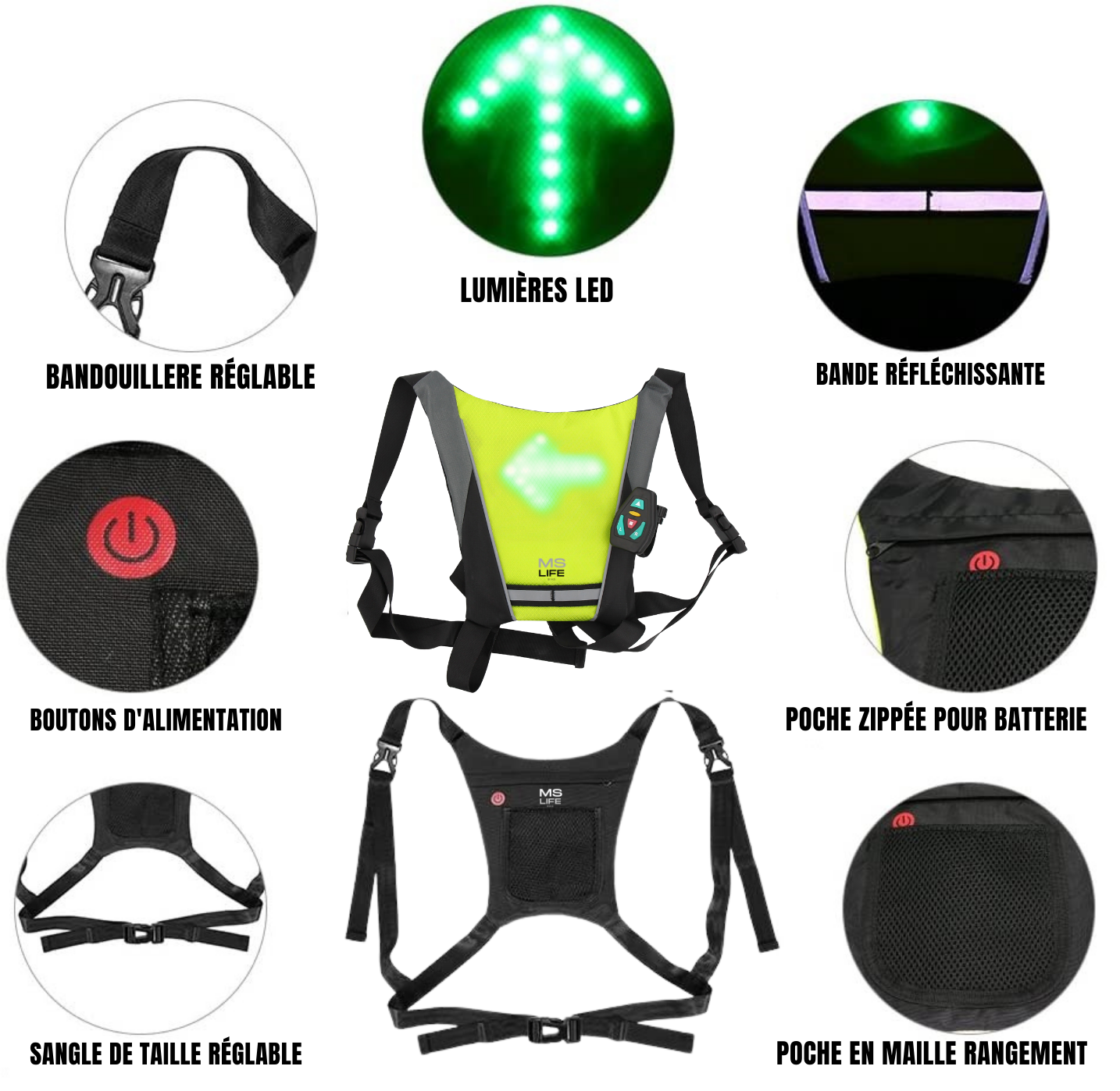 Gilet de Cyclisme USB Rechargeable Réfléchissant Sac à Dos avec LED Clignotant