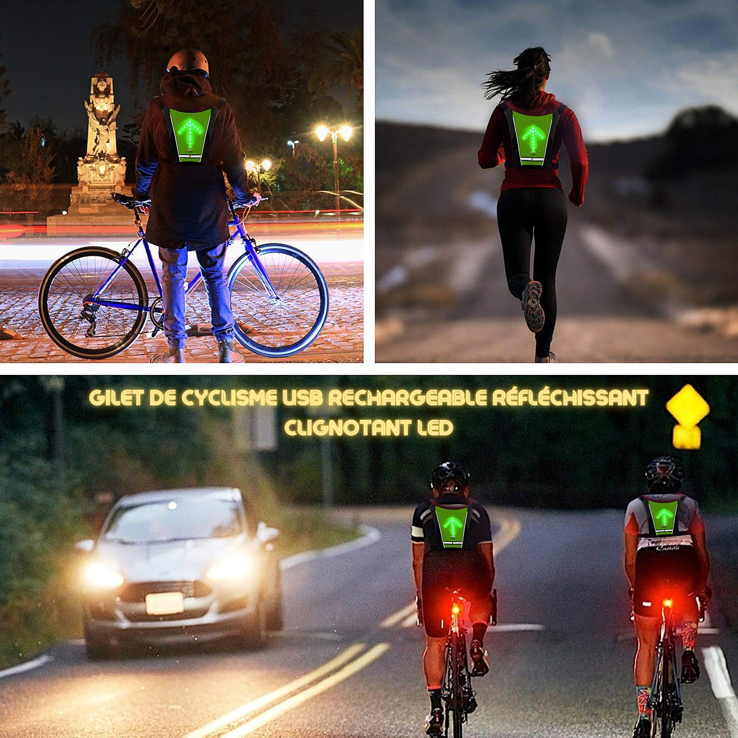 Gilet de Cyclisme USB Rechargeable Réfléchissant Sac à Dos avec LED Clignotant