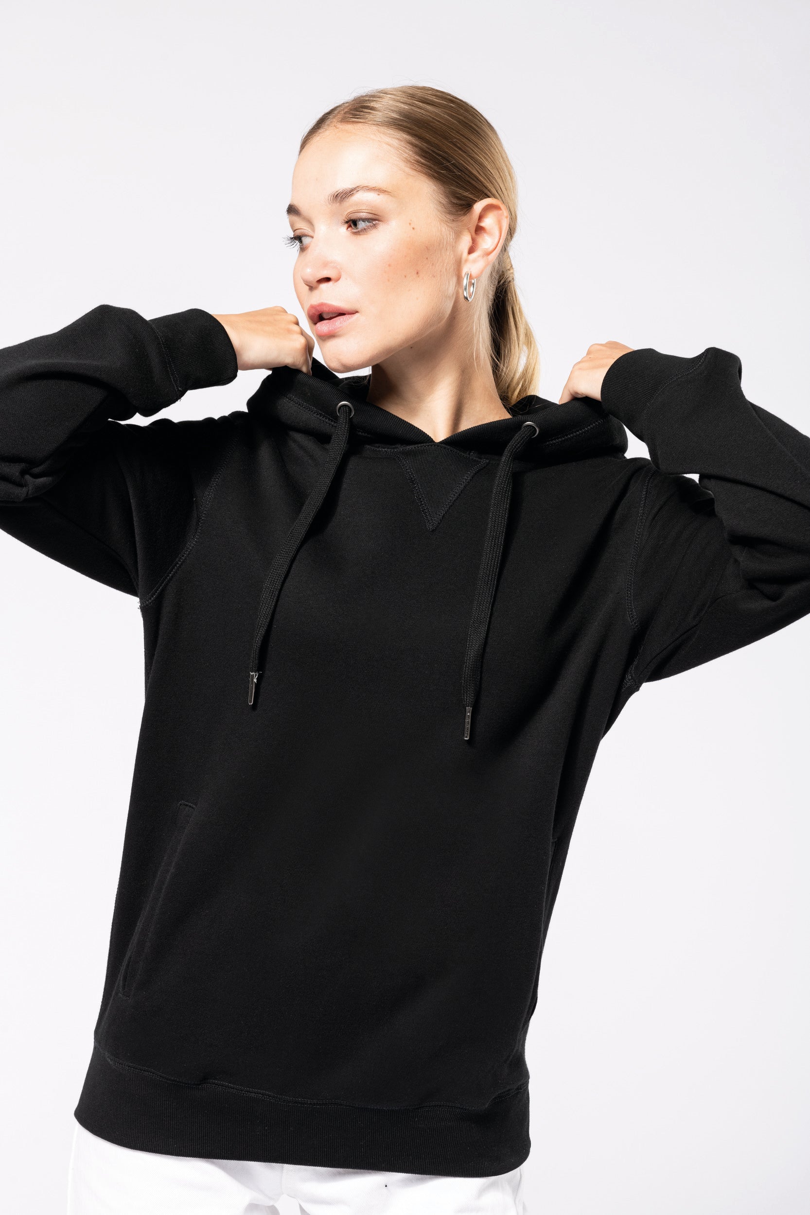 Uniseks ecologisch verantwoord sweatshirt van french terry badstof met capuchon