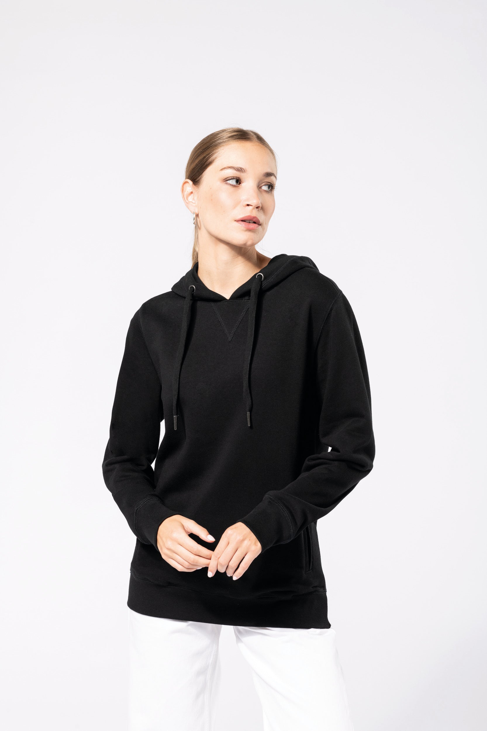 Uniseks ecologisch verantwoord sweatshirt van french terry badstof met capuchon