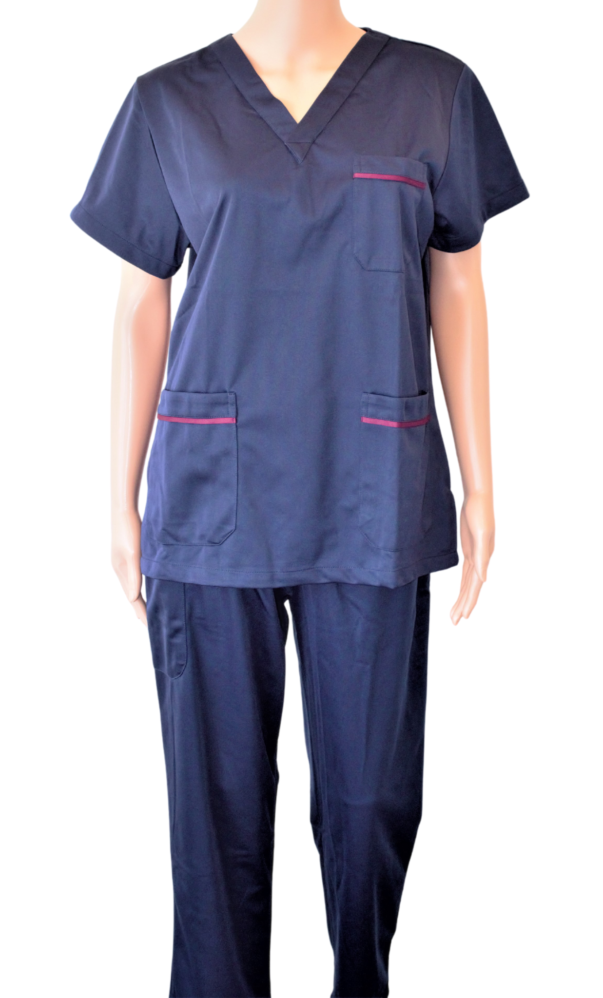Women's medical set, short-sleeved blouse and navy and burgundy pants - Size L