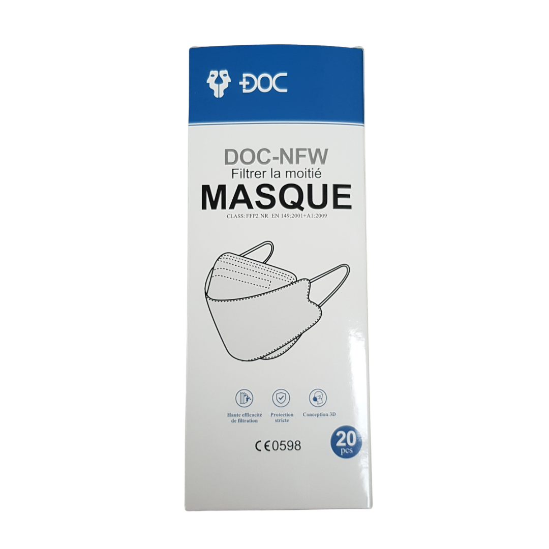 DOC-NFW - Masque FFP2 - Blanc - EN 149:2001 + A1:2009 - Certifié CE 0598- Boite de 20 pièces - Scellés Individuellement