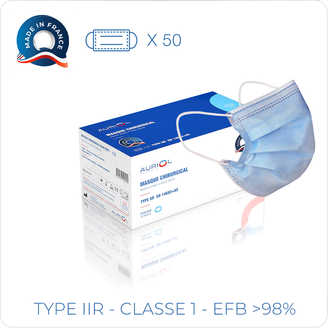 Masque Chirurgical Auriol Medical Confort + Made in France garantie – Carton de 2000 masques -Sans Graphène