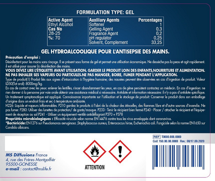 Flacon De Gel Hydroalcoolique Ms Life 1L