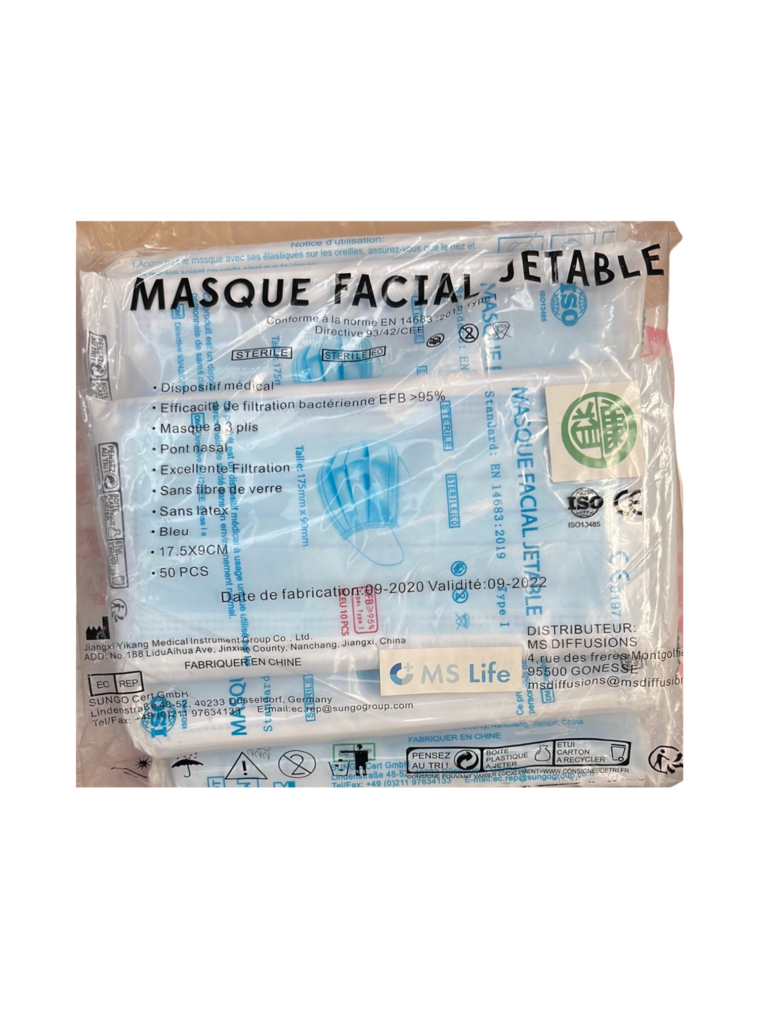 Type I sterile surgical mask - Blue - Ms Life - Bag of 50 masks (without box)