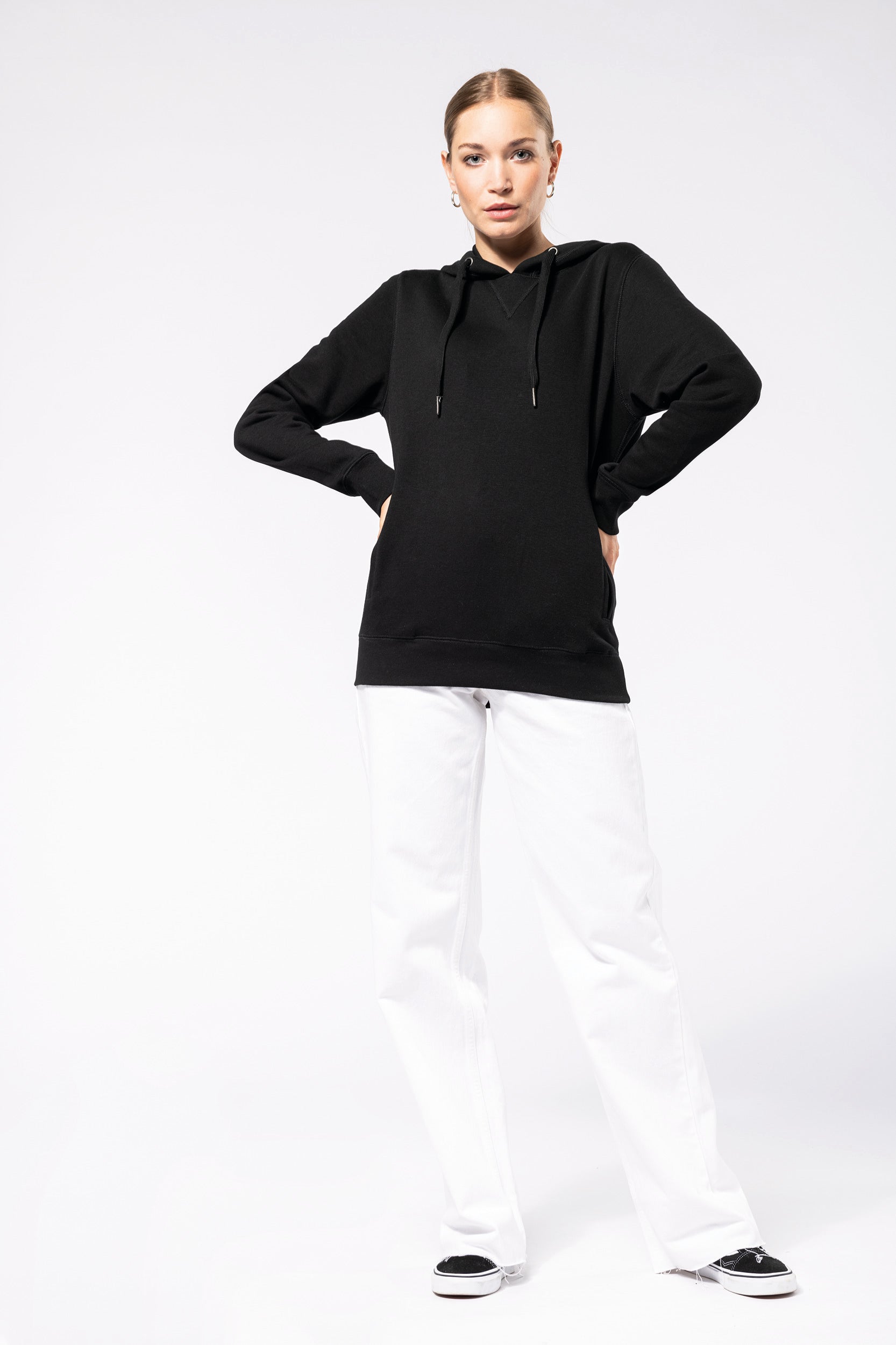 Uniseks ecologisch verantwoord sweatshirt van french terry badstof met capuchon
