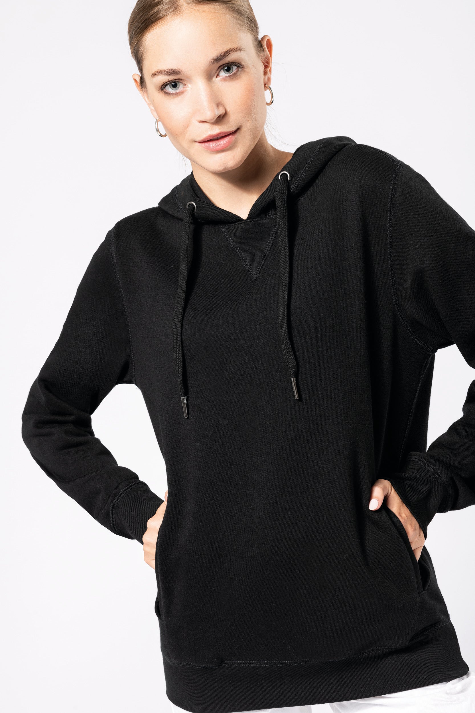 Uniseks ecologisch verantwoord sweatshirt van french terry badstof met capuchon