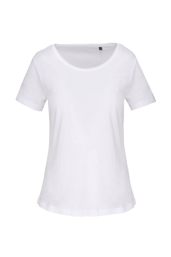 Women's organic short-sleeved raw collar T-shirt